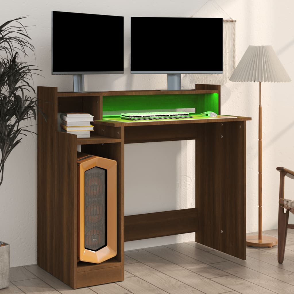 Barna tölgy színű szerelt fa íróasztal led-ekkel 97x90x45 cm