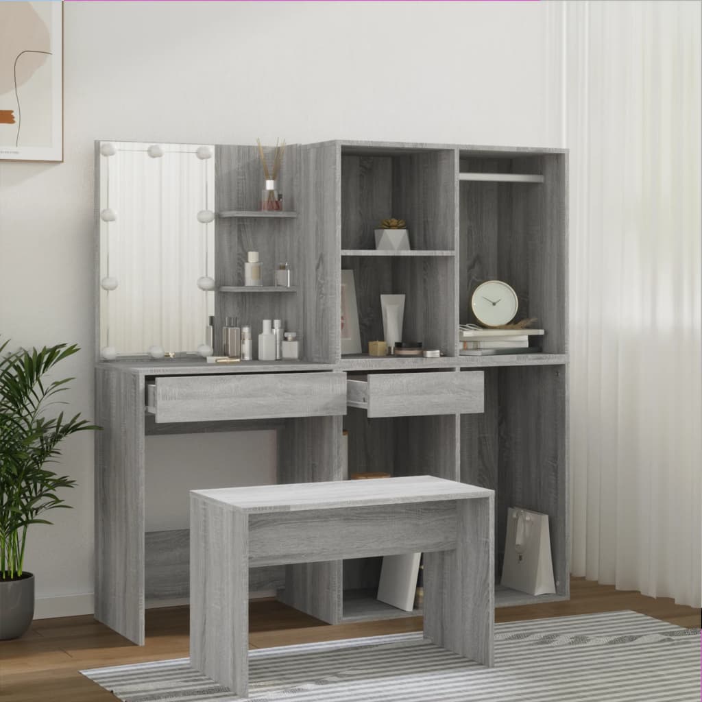 Szürke sonoma színű szerelt fa fésülködőasztal-szett led-ekkel