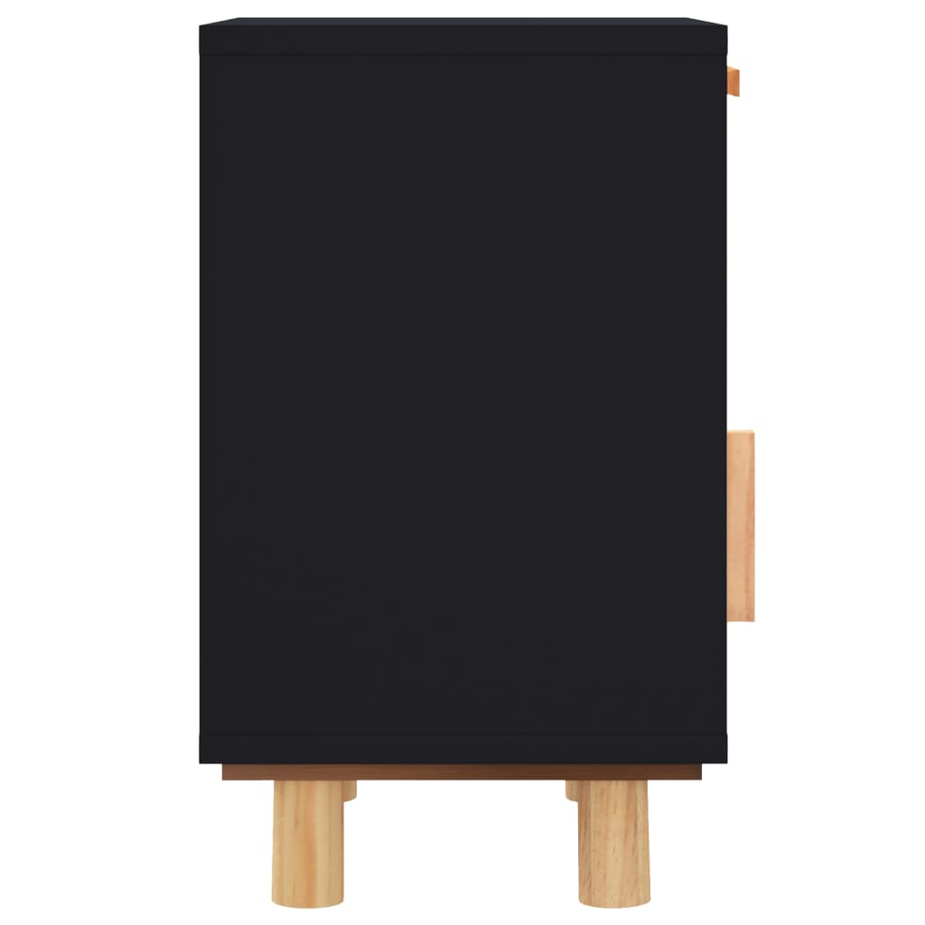 Fekete tömör fenyőfa és természetes rattan éjjeliszekrény