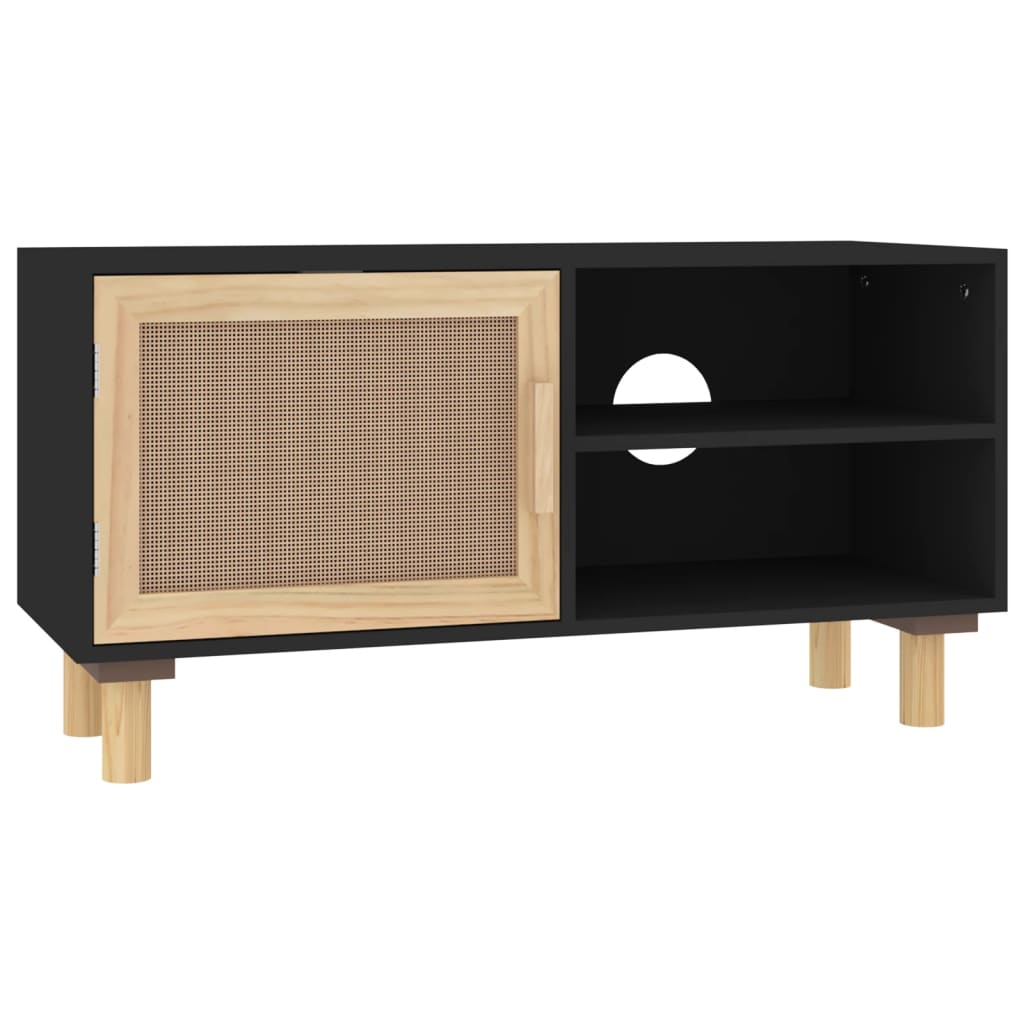 Fekete fenyőfa és természetes rattan tv-szekrény 80x30x40 cm