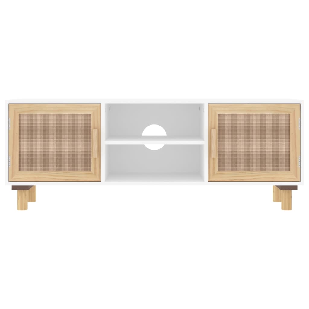 Fehér fenyőfa és természetes rattan tv-szekrény 105x30x40 cm