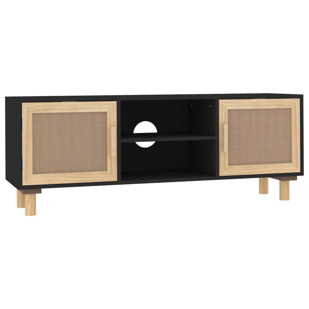 Fekete fenyőfa és természetes rattan tv-szekrény 105x30x40 cm