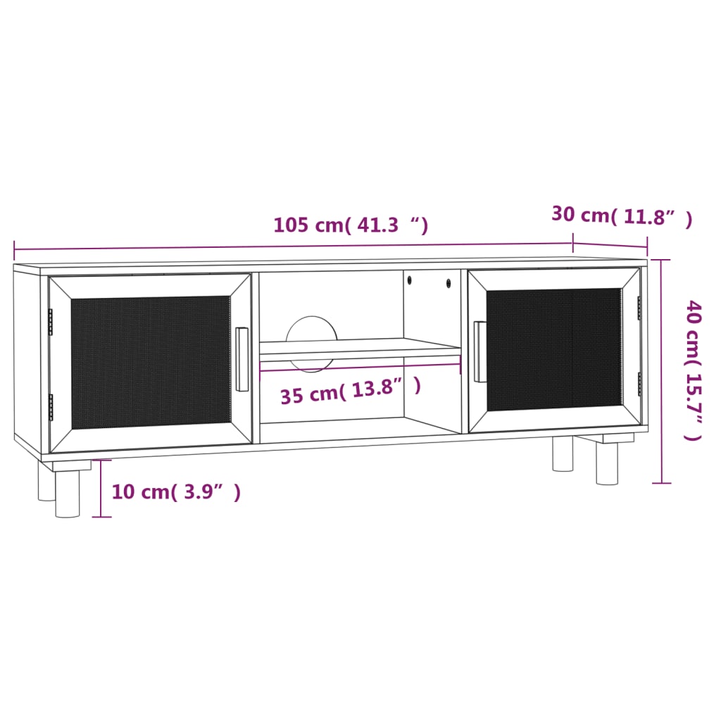 Fekete fenyőfa és természetes rattan tv-szekrény 105x30x40 cm