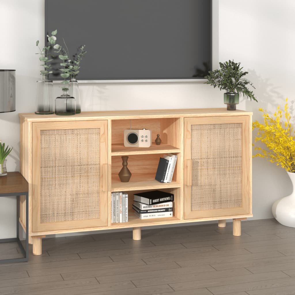 Barna tömör fenyő/természetes rattan tálalószekrény 105x30x60cm