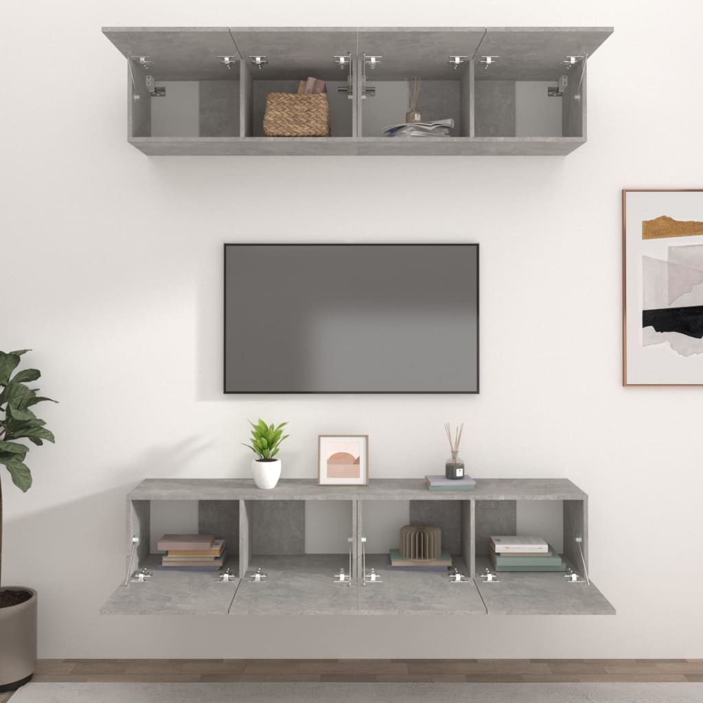 Vidaxl4 db betonszürke szerelt fa fali tv-szekrény 80 x 30 x 30 cm Vidaxl4 db betonszürke szerelt fa fali tv-szekrény 80 x 30 x 30 cm