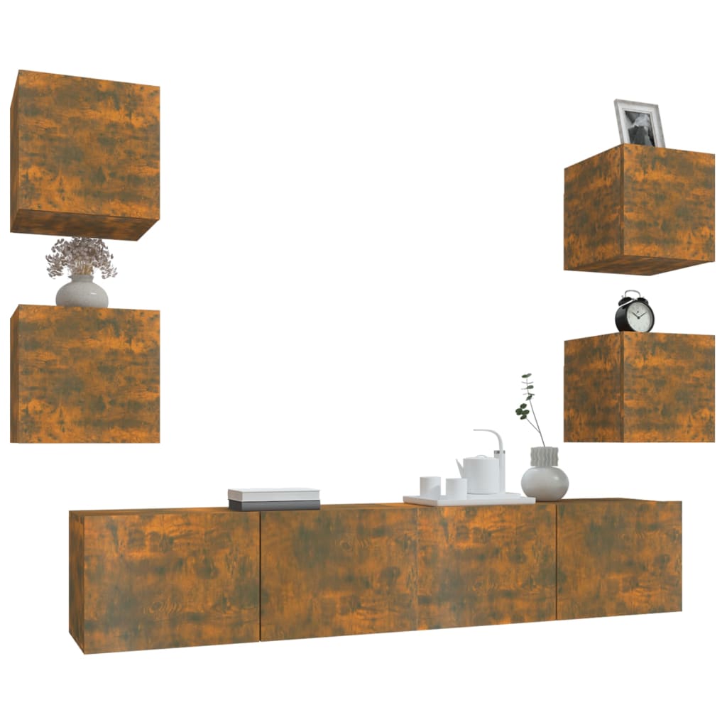 6-részes füstös tölgyszínű szerelt fa tv-szekrényszett