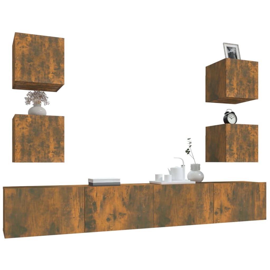 6-részes füstös tölgyszínű szerelt fa tv-szekrényszett