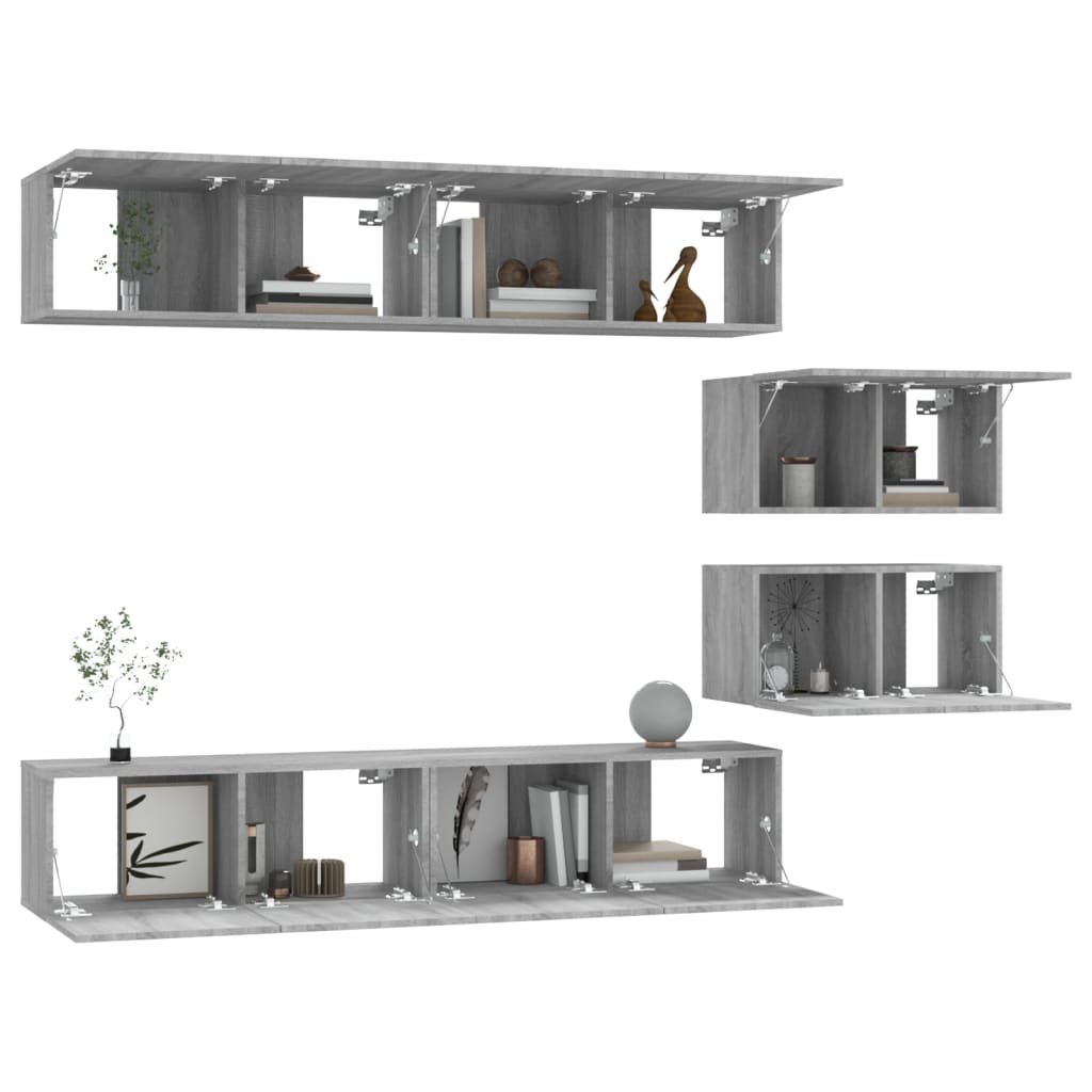 6 részes szürke sonoma színű szerelt fa tv-szekrényszett