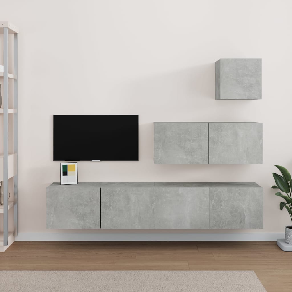 4 részes betonszürke szerelt fa tv-szekrényszett 4 részes betonszürke szerelt fa tv-szekrényszett