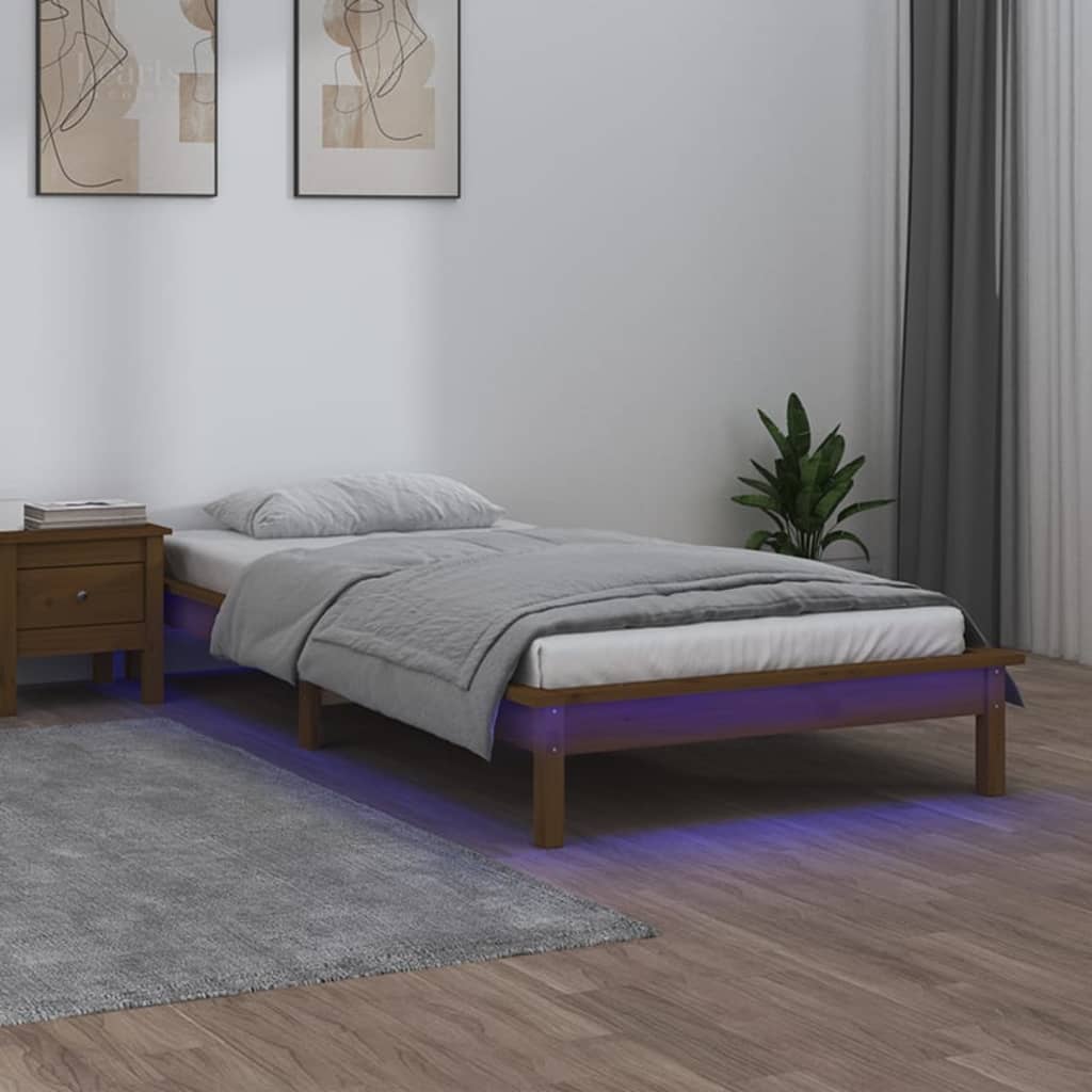 Mézbarna tömör fa ágykeret led-ekkel 90 x 200 cm