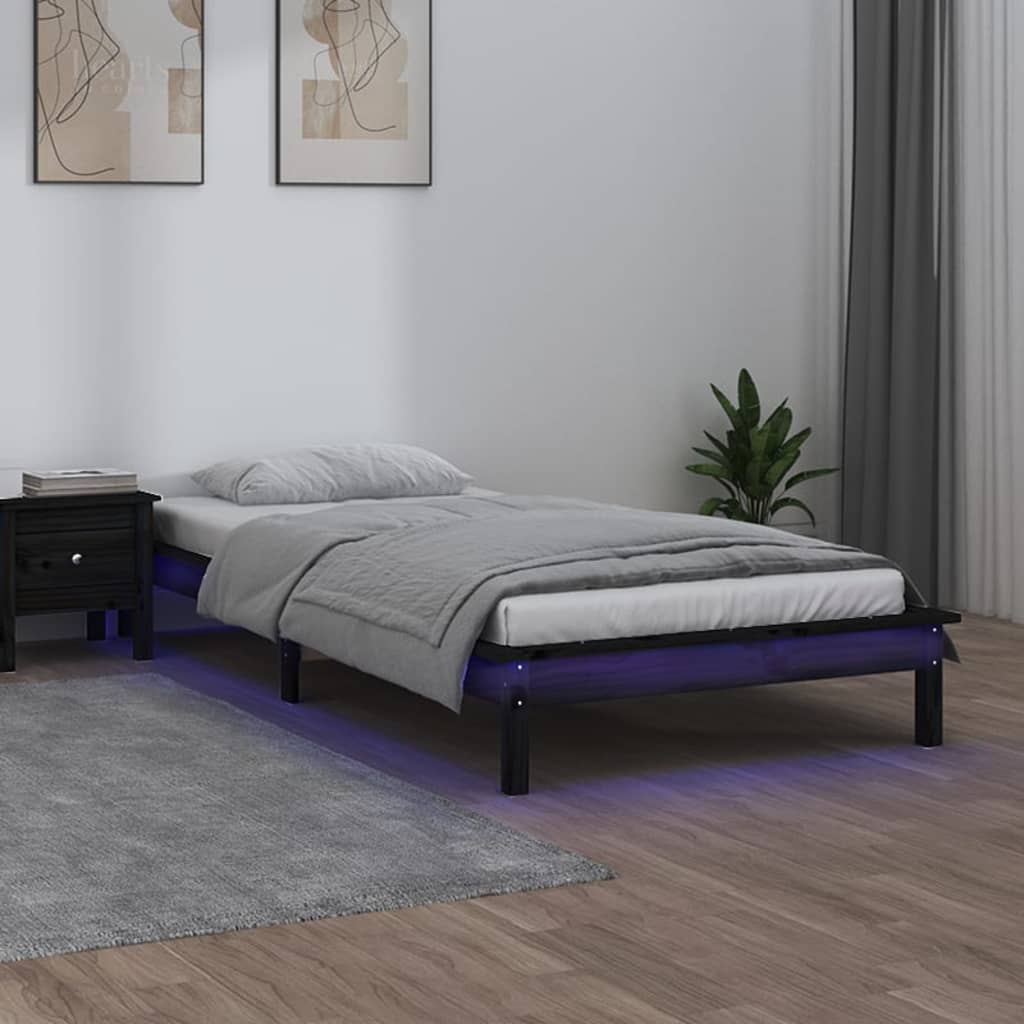 Fekete tömör fa led-es ágykeret 75 x 190 cm (2ft6 small single)