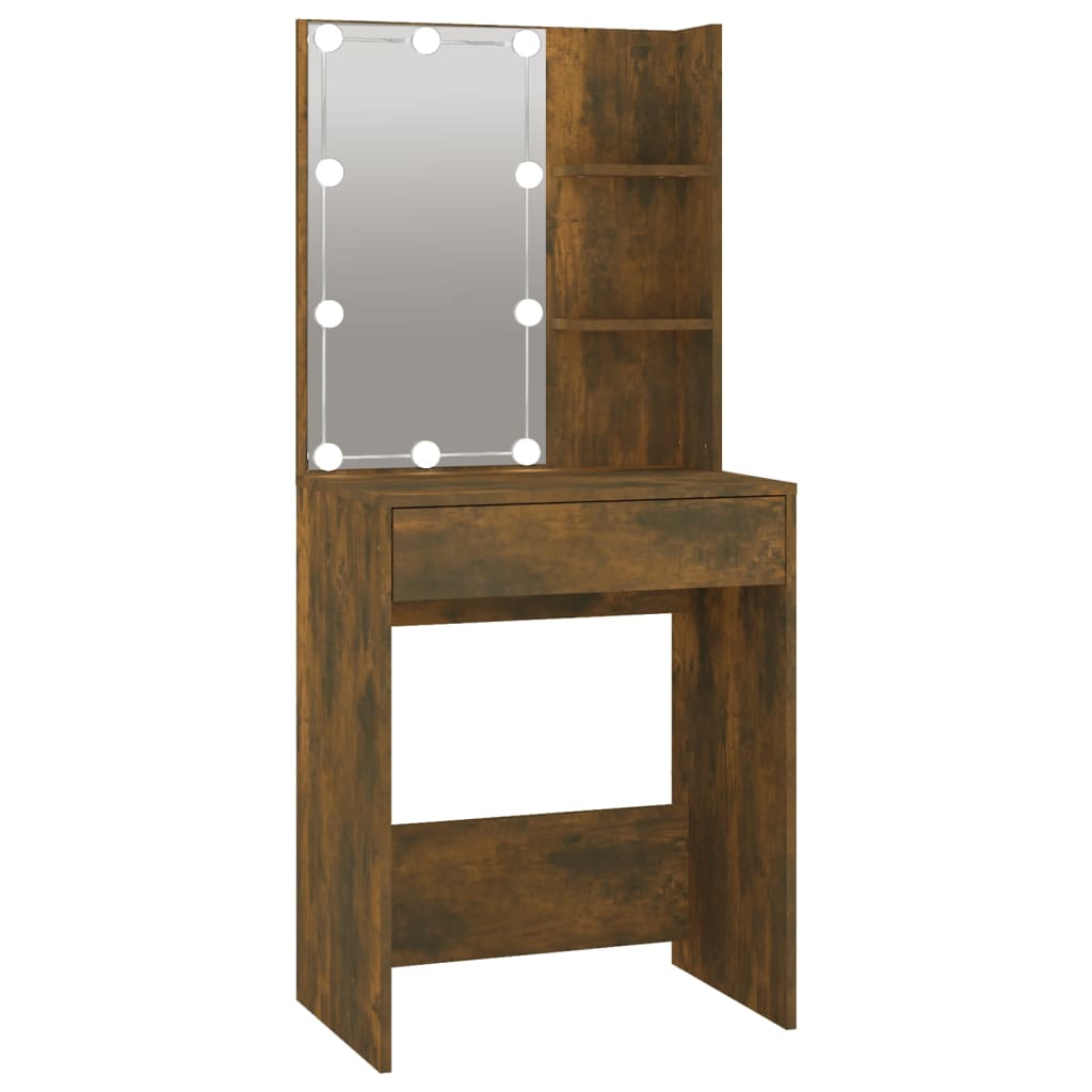 Füstös tölgy színű fatermék led-es fésülködőasztal szekrénnyel