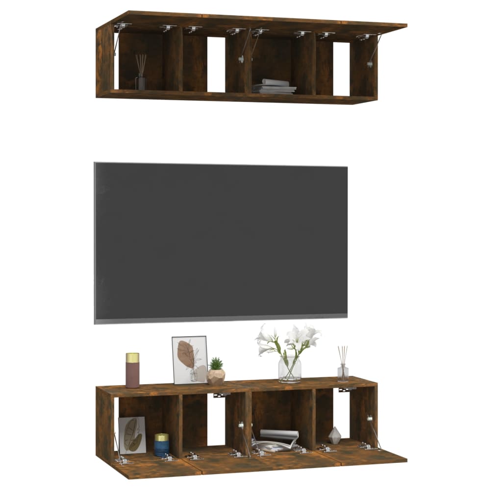 4 db füstös tölgy színű szerelt fa fali tv-szekrény 60x30x30 cm 4 db füstös tölgy színű szerelt fa fali tv-szekrény 60x30x30 cm