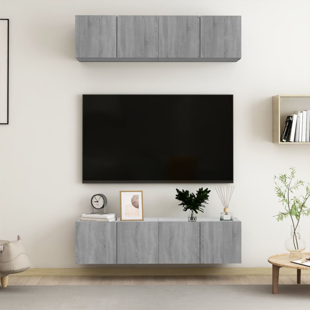 4 db szürke sonoma színű szerelt fa fali tv-szekrény 60x30x30cm 4 db szürke sonoma színű szerelt fa fali tv-szekrény 60x30x30cm