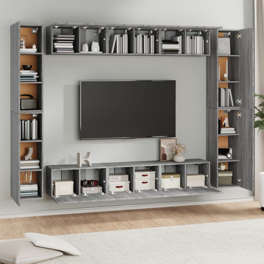 10 részes szürke sonoma színű szerelt fa tv-szekrényszett