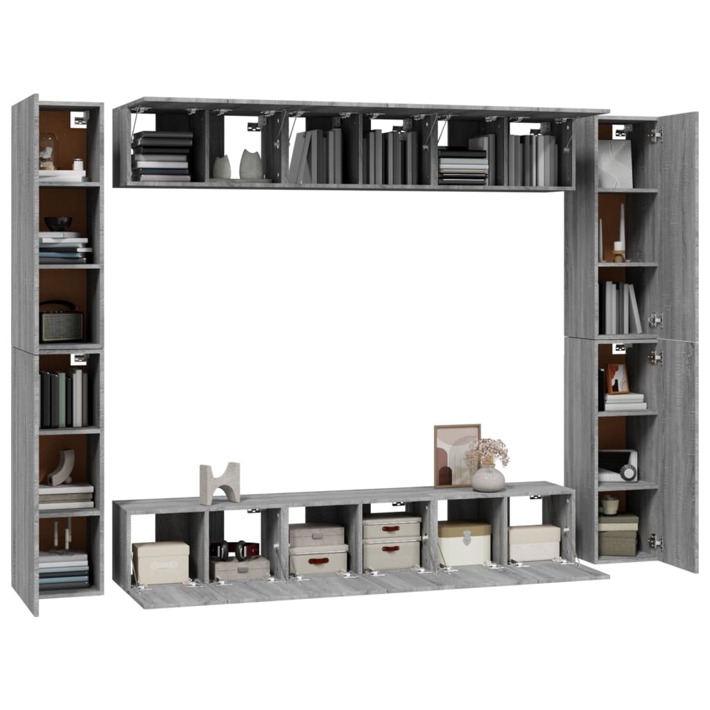 10 részes szürke sonoma színű szerelt fa tv-szekrényszett