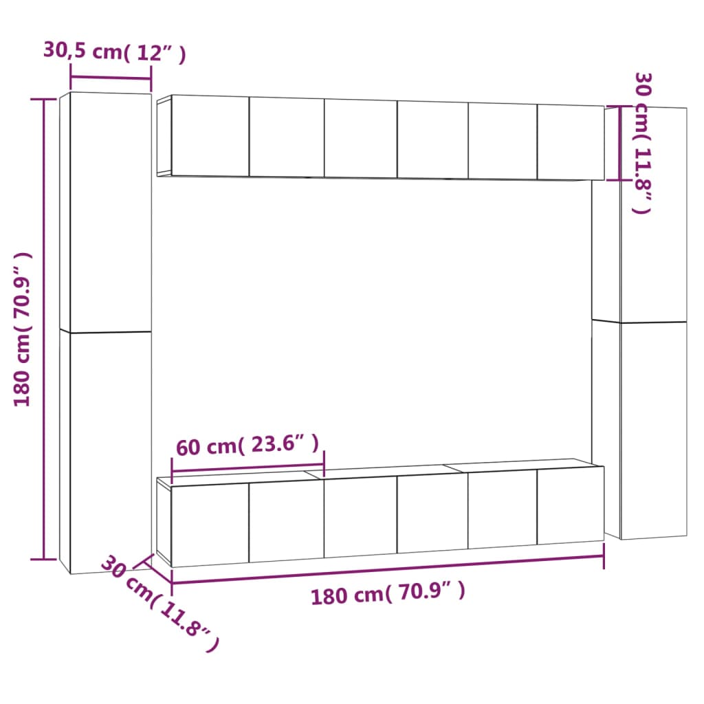 10 részes szürke sonoma színű szerelt fa tv-szekrényszett
