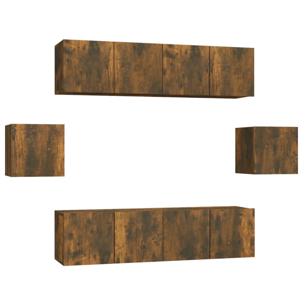 6 részes füstös tölgy színű szerelt fa tv-szekrényszett