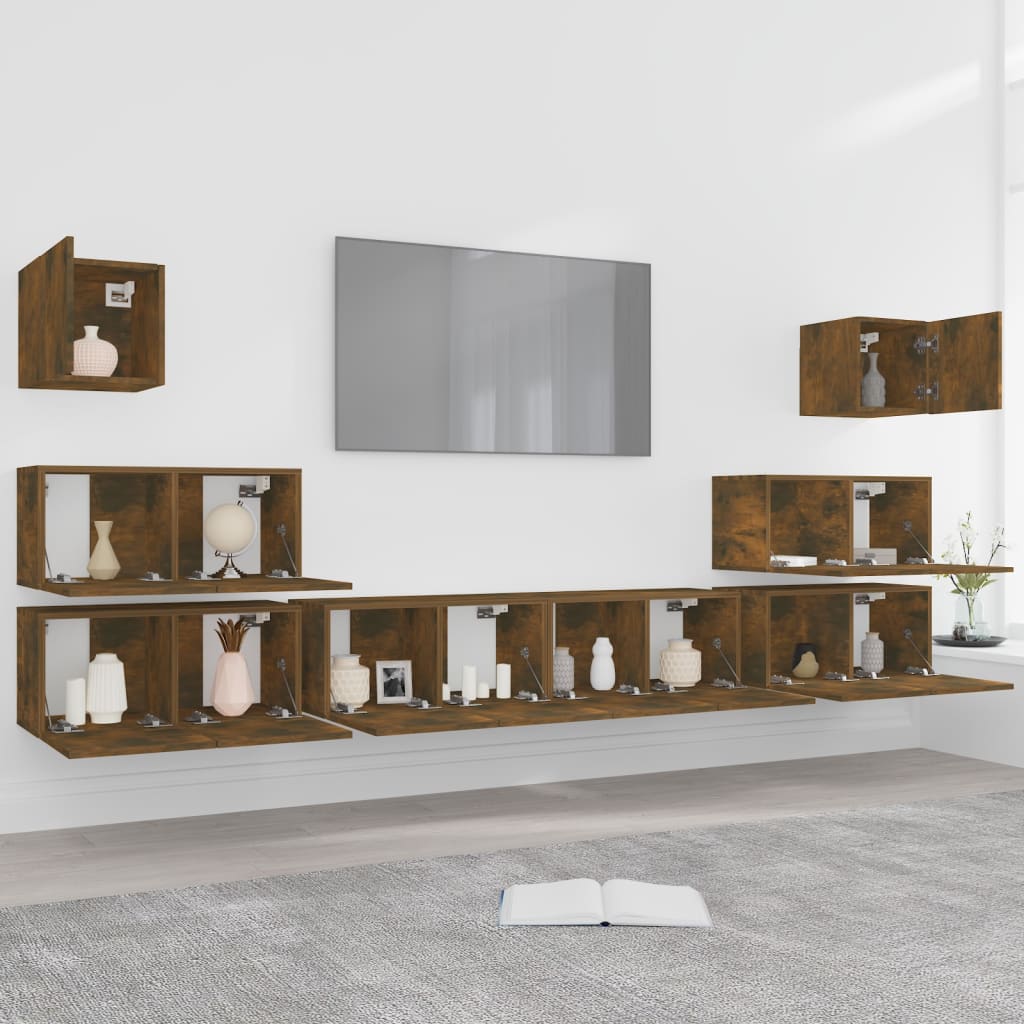 8 részes füstös tölgy színű szerelt fa tv-szekrényszett