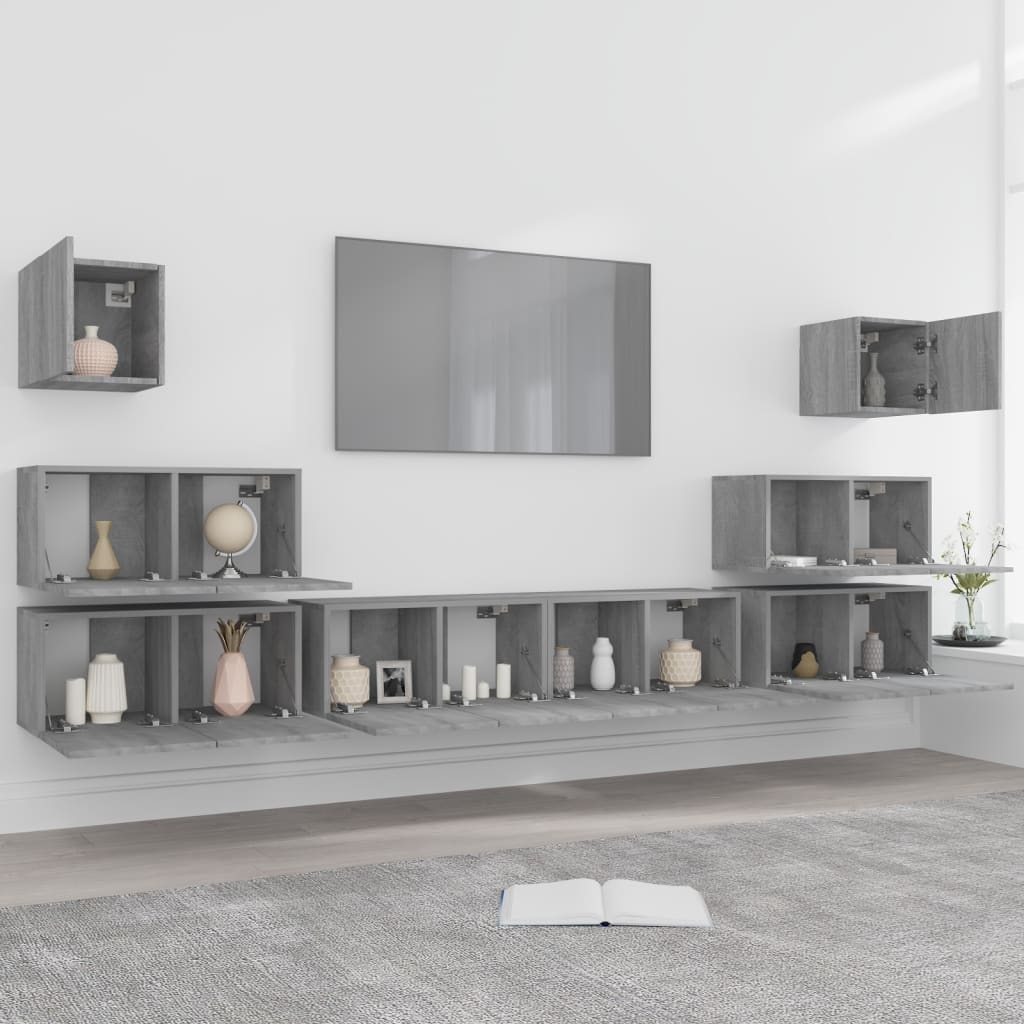 8 részes szürke sonoma színű szerelt fa tv-szekrényszett