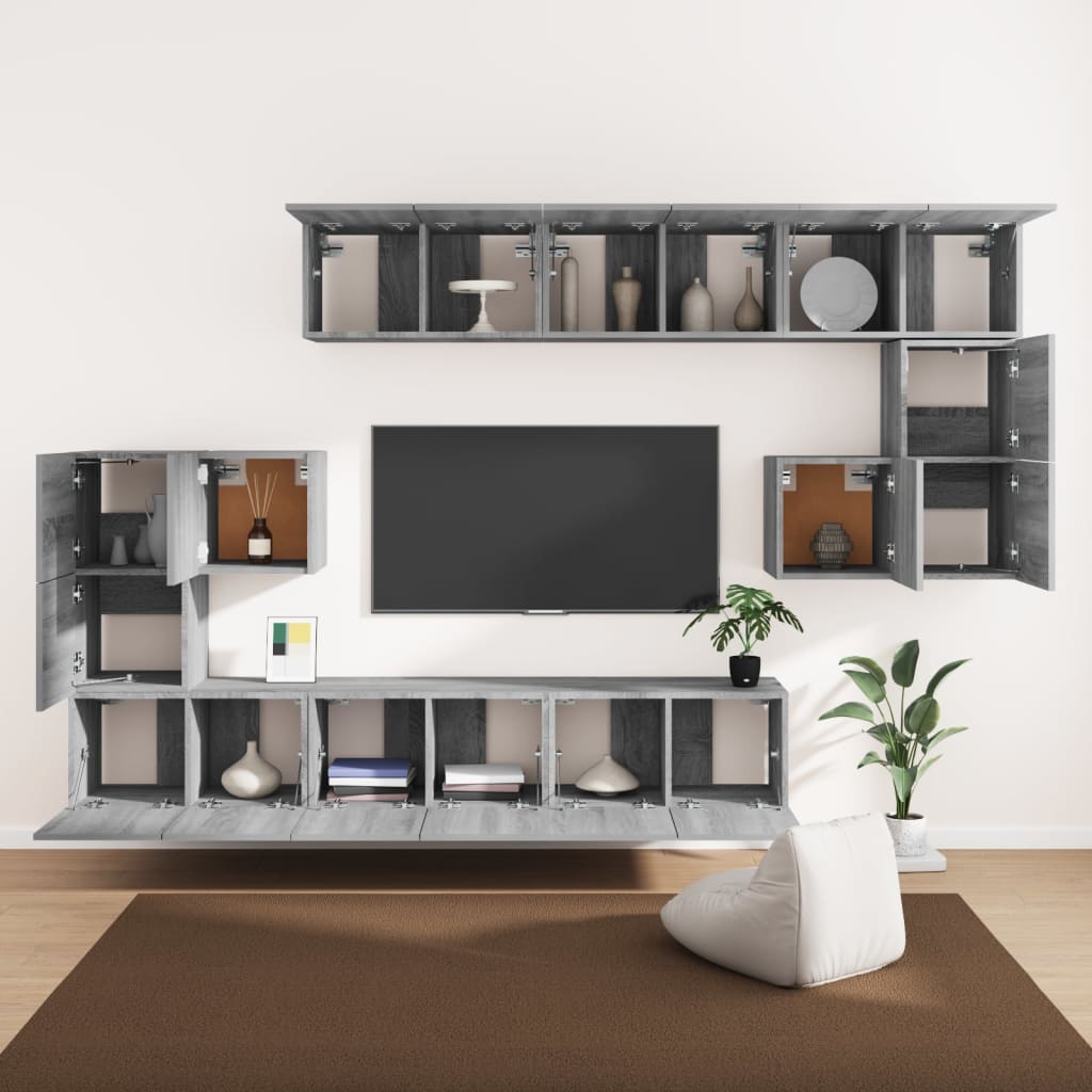 10 részes szürke sonoma színű szerelt fa tv-szekrényszett