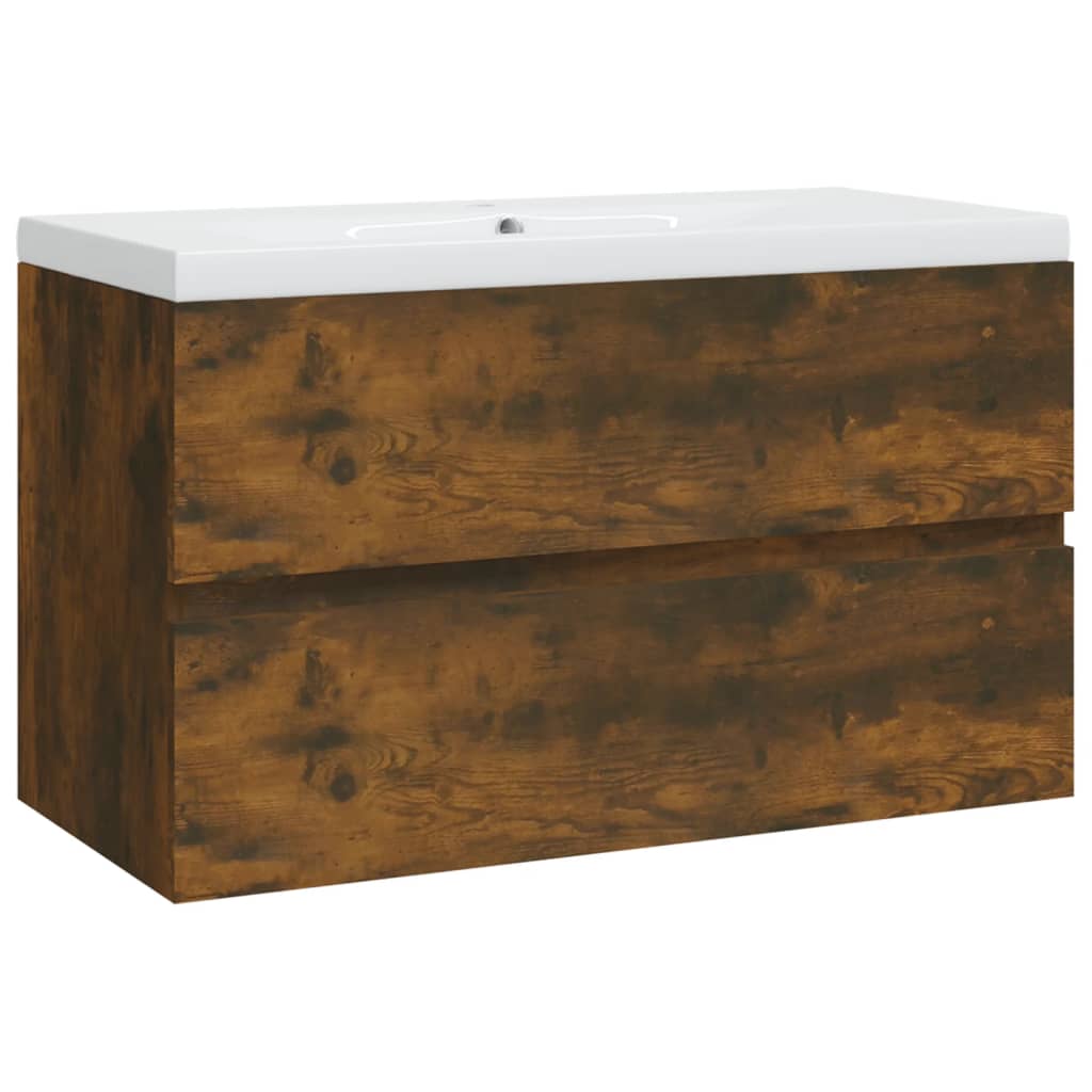 Füstös tölgy színű szerelt fa mosdószekrény beépített mosdóval