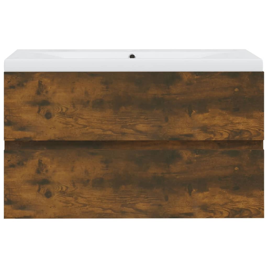 Füstös tölgy színű szerelt fa mosdószekrény beépített mosdóval