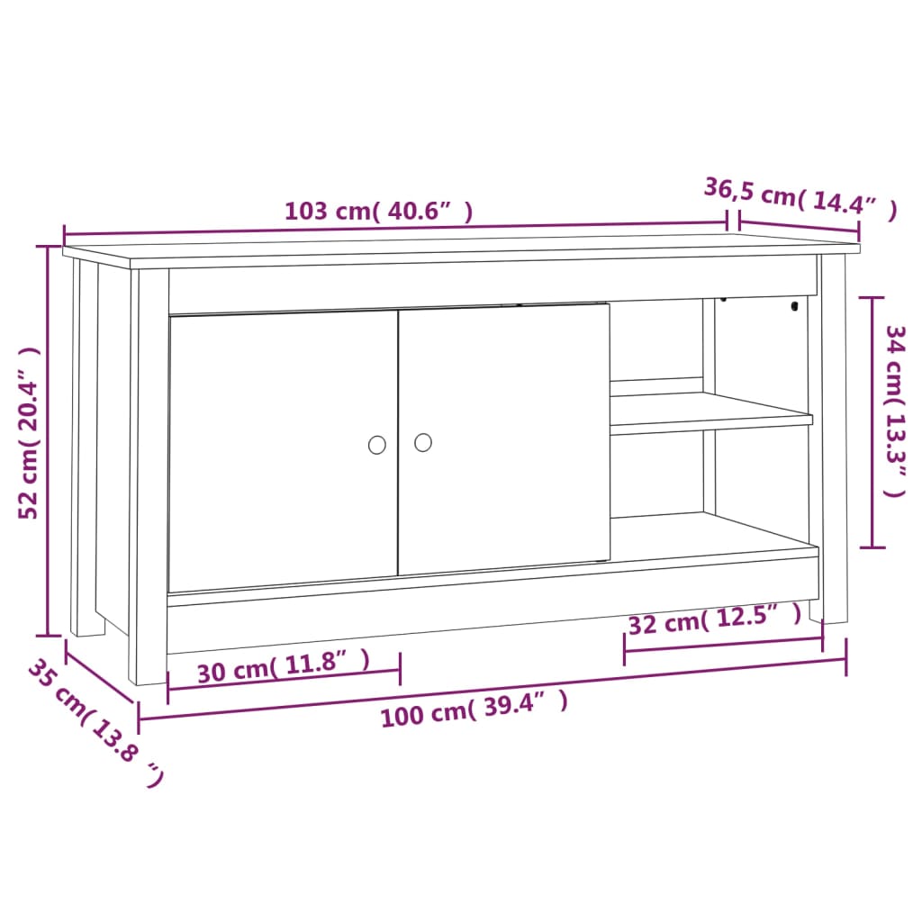 Mézbarna tömör fenyőfa tv-szekrény 103 x 36,5 x 52 cm