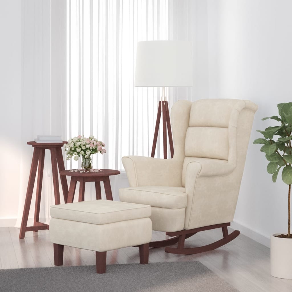 Fekete bársony hintaszék fa lábakkal és lábtartóval