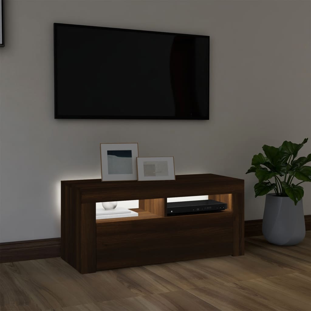 Barna tölgyszínű tv-szekrény led-világítással 90 x 35 x 40 cm Barna tölgyszínű tv-szekrény led-világítással 90 x 35 x 40 cm