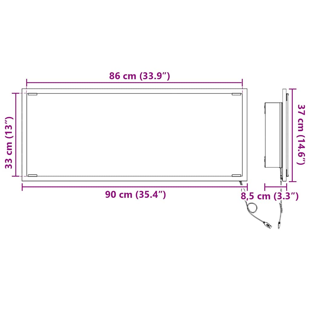 Tükör led -es lámpákkal füstölt tölgy 90 x 8,5 x 37 cm faanyag