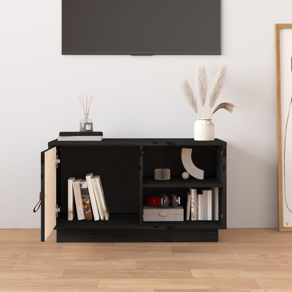 Fekete tömör fenyőfa tv-szekrény 70 x 34 x 40 cm Fekete tömör fenyőfa tv-szekrény 70 x 34 x 40 cm