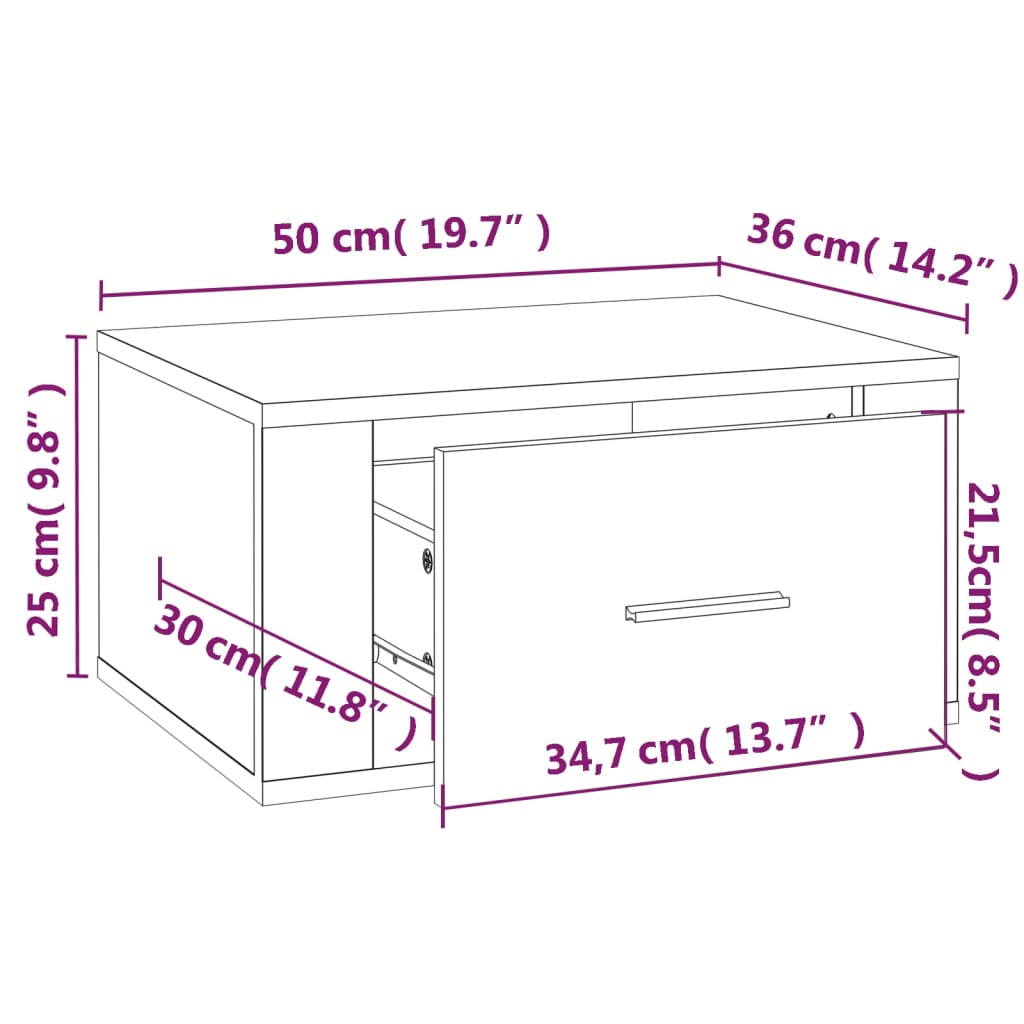 Magasfényű fehér falra szerelhető éjjeliszekrény 50x36x25 cm