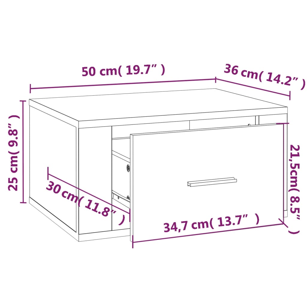 Betonszürke falra szerelhető éjjeliszekrény 50 x 36 x 25 cm