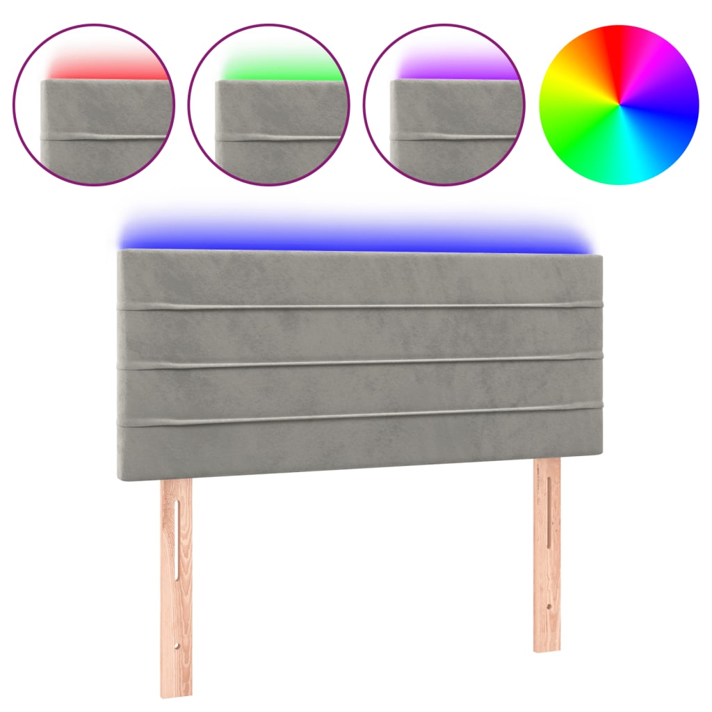 Világosszürke bársony led-es fejtámla 90x5x78/88 cm