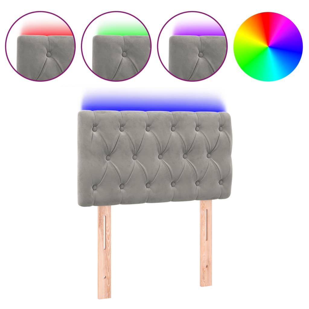 Világosszürke bársony led-es fejtámla 80x7x78/88 cm