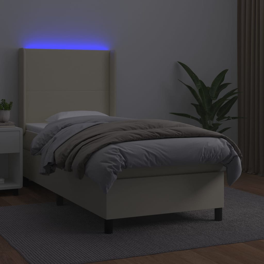 Krémszínű műbőr rugós ágy matraccal és led-del 80 x 200 cm
