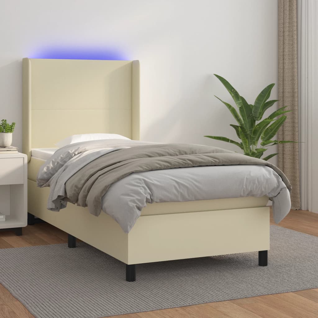Krémszínű műbőr rugós ágy matraccal és led-del 80 x 200 cm