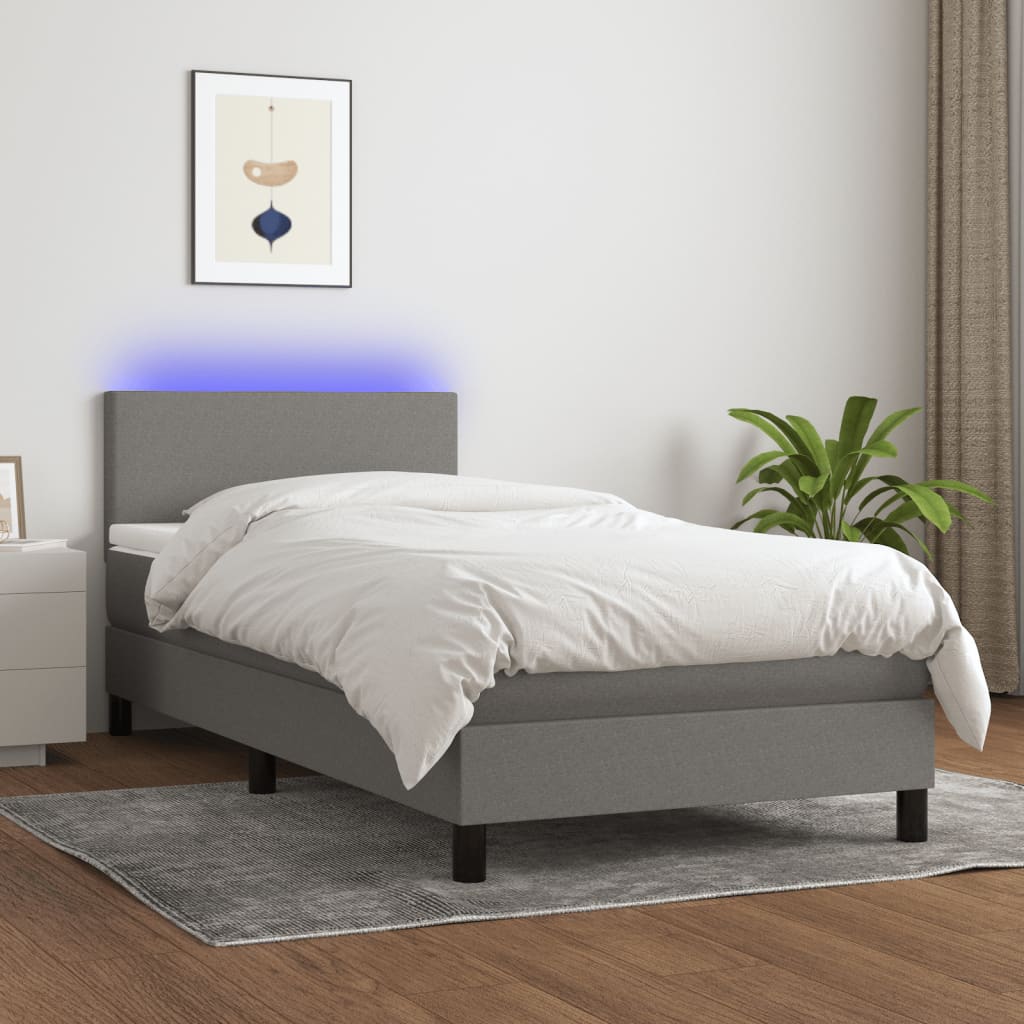 Sötétszürke szövet rugós és led-es ágy matraccal 100x200 cm