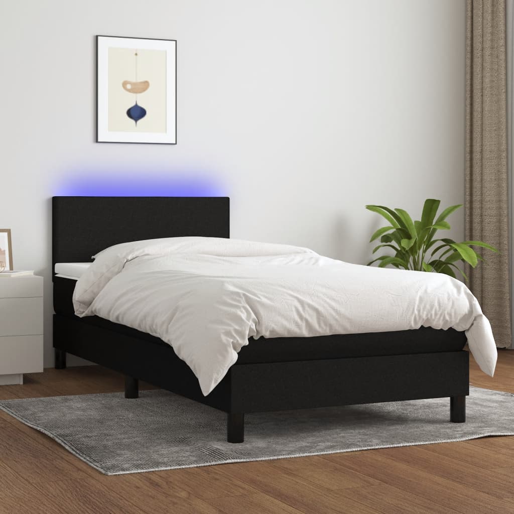 Fekete szövet rugós és led-es ágy matraccal 100x200 cm
