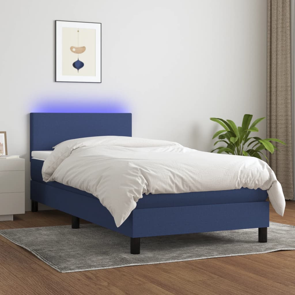Kék szövet rugós és led-es ágy matraccal 100x200 cm