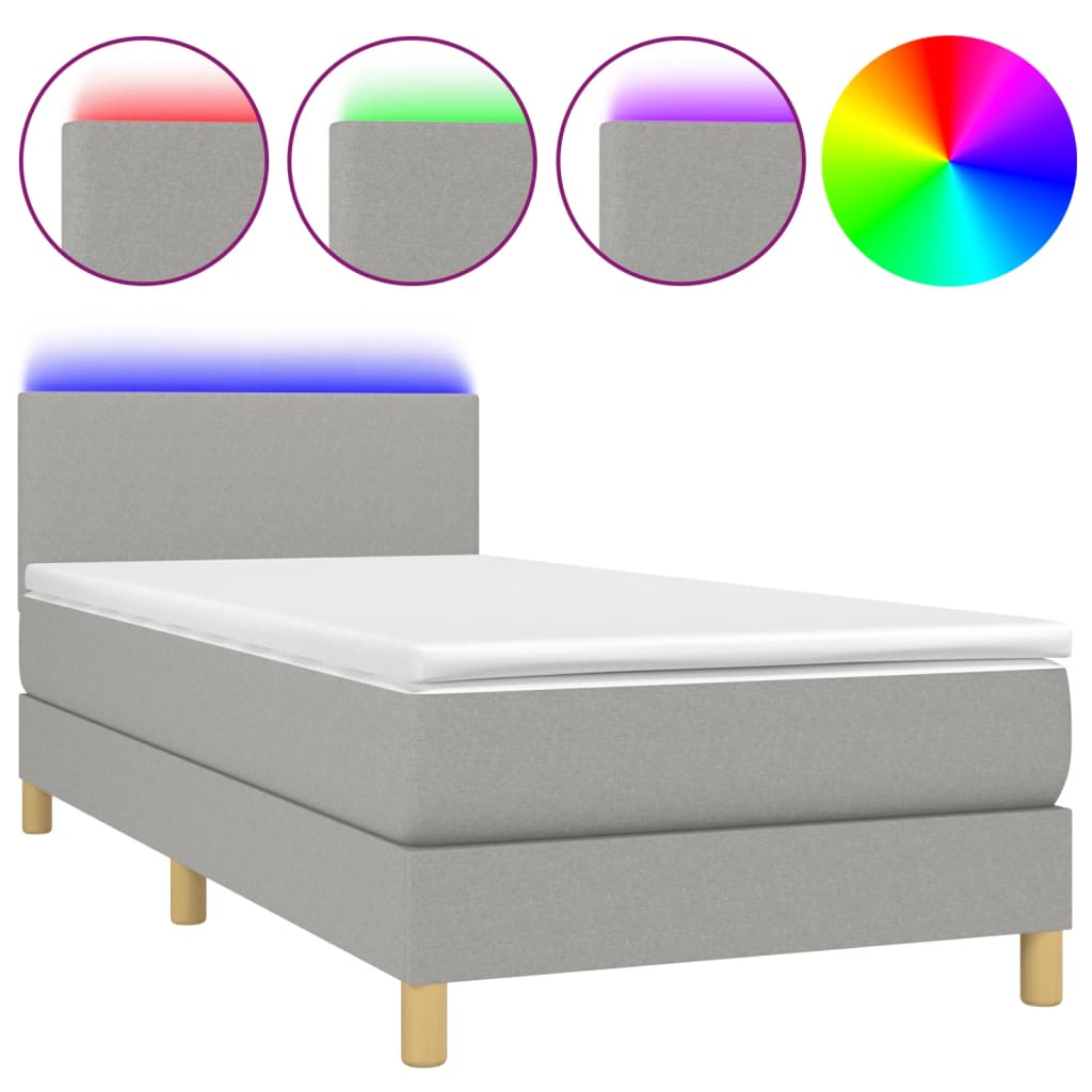 Világosszürke szövet rugós és led-es ágy matraccal 100x200 cm
