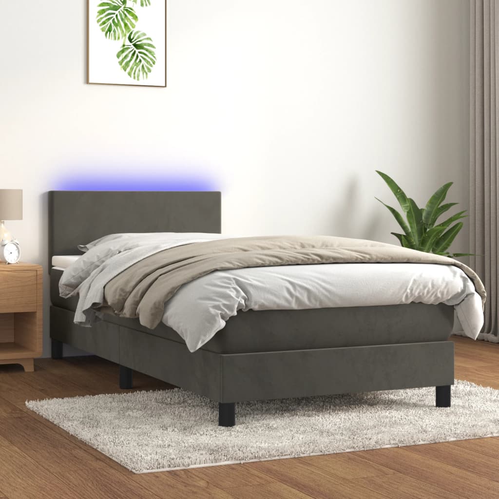 Sötétszürke bársony rugós és led-es ágy matraccal 100x200 cm