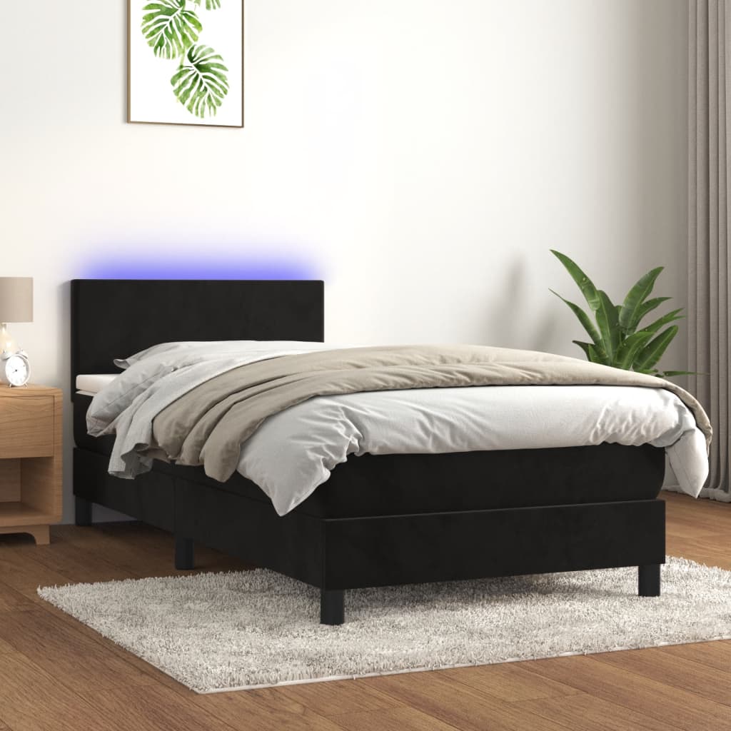 Fekete bársony rugós és led-es ágy matraccal 100x200 cm