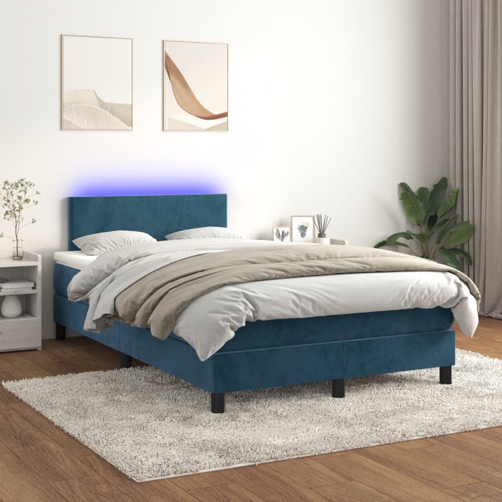 Sötétkék bársony rugós és led-es ágy matraccal 120x200 cm