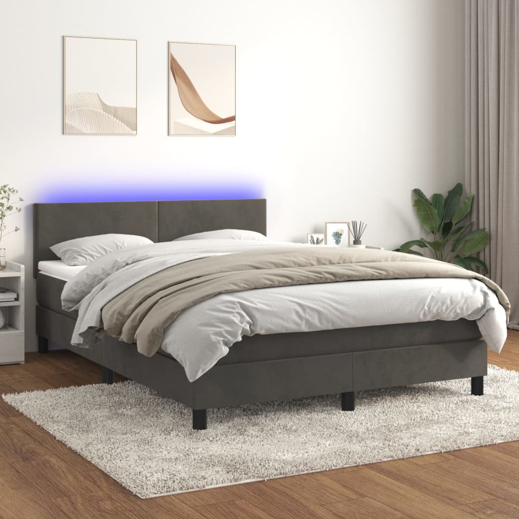 Sötétszürke bársony rugós és led-es ágy matraccal 140x190 cm