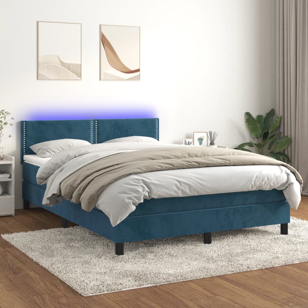 Sötétkék bársony rugós és led-es ágy matraccal 140x200 cm