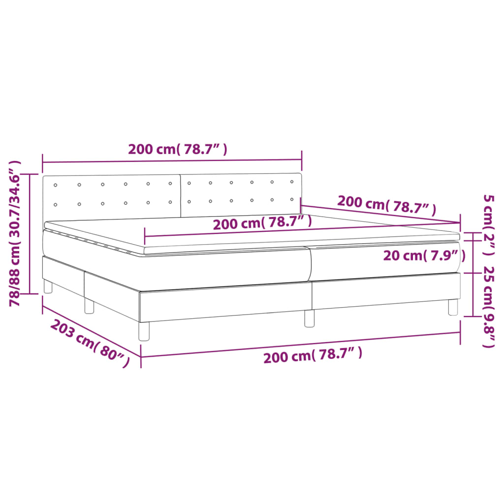 Sötétszürke bársony rugós és led-es ágy matraccal 200x200 cm