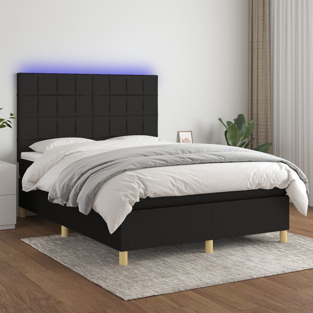 Fekete szövet rugós és led-es ágy matraccal 140x190 cm