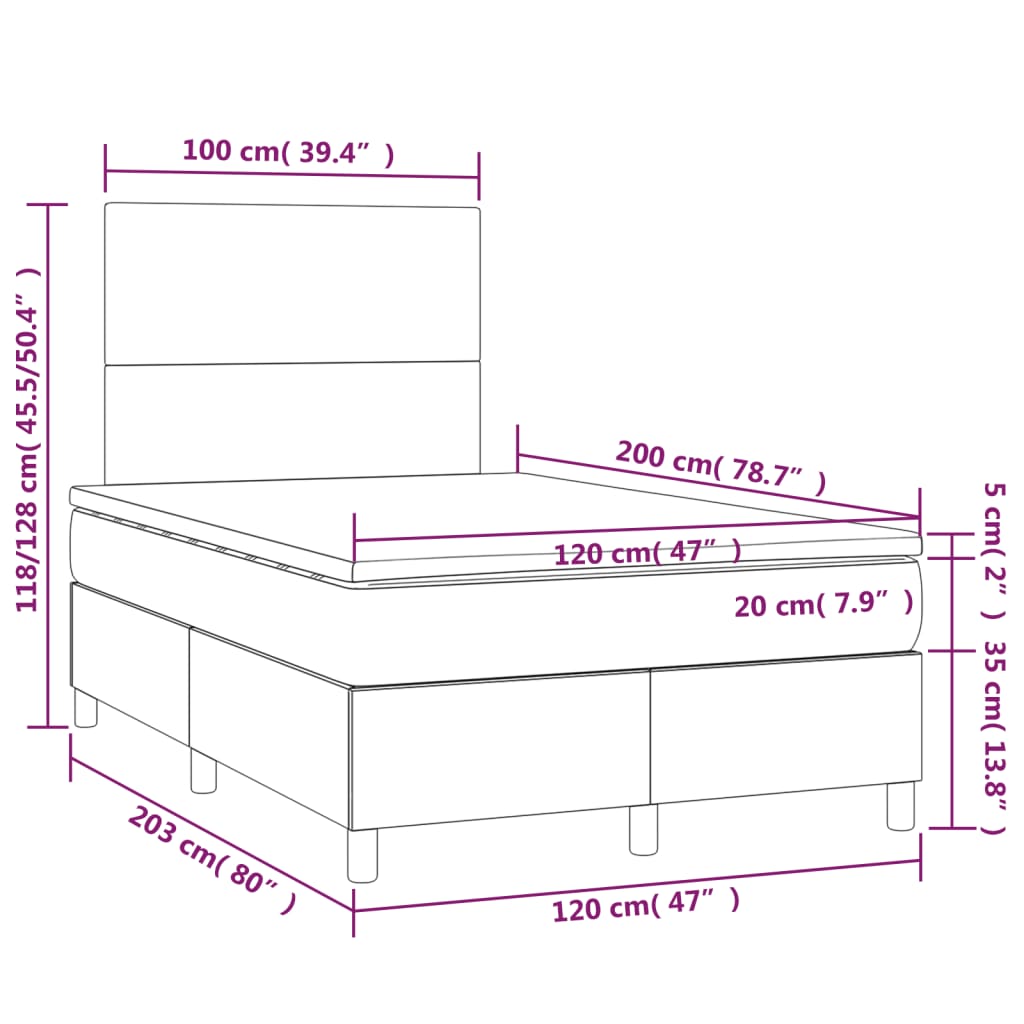 Fekete bársony rugós és led-es ágy matraccal 120x200 cm